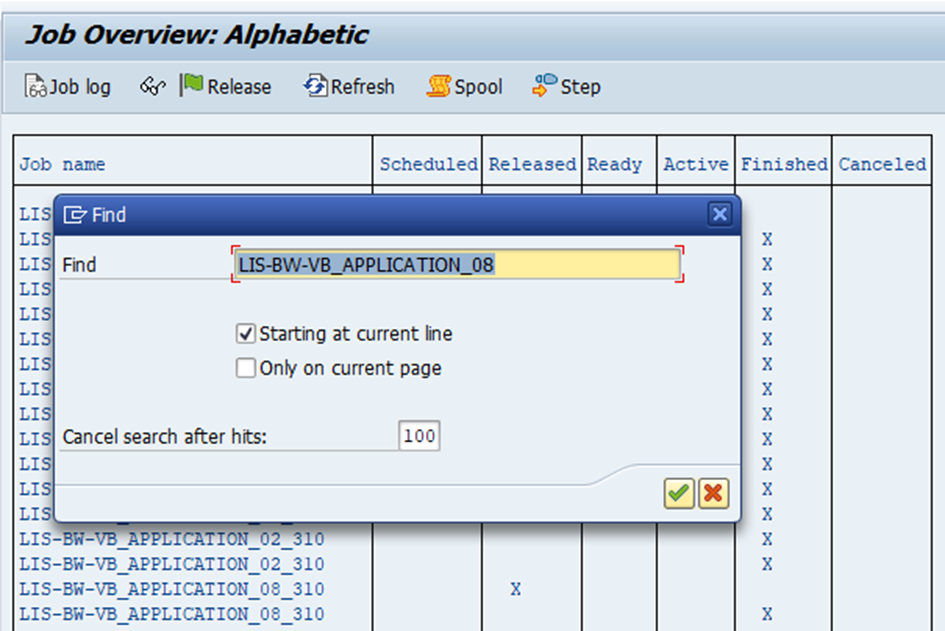 LBWE Job overview showing how to find the Job scheduled that collect data from MCEX to RSA7, the job LIS-BW-VB_APPLICATION