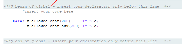 SAP BW Rotina Inicial, Declaração Global com o código ABAP declarando variável para allowed_char