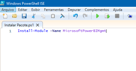 Install Module MicrosoftPowerBIMgmt
Script PowerShell Instalar módulo do Power BI via prompt de comando do Windows PowerShell, imagem com o comando: Install-Module -Name MicrosoftPowerBIMgmt