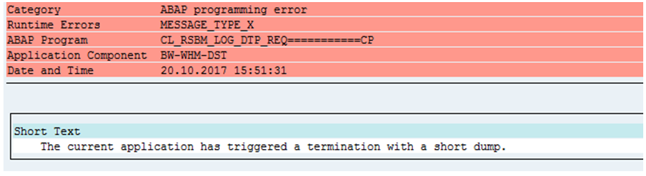 Dump CL_RSBM_LOG_DTP_REQ no SAP BW com o log do dump, a catetgoria, o runtime erros