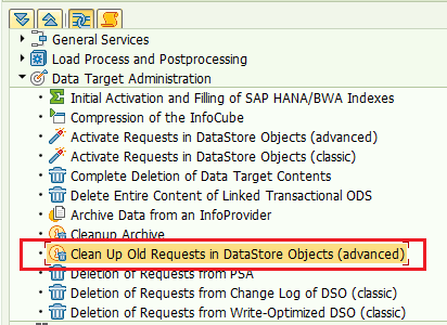 SAP BW, RSPC (Process Chains), "Data destination administration", "Clean Up Old Requests in DataStore Objects (advanced)" which corresponds to the process of deleting modification log