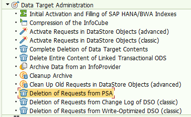 SAP BW configuration screen, Transaction Chain of Processes (RSPC), option Data Destination Management, Delete PSA Requests and Delete PSA Requests