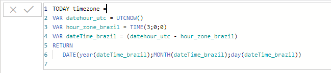 Power BI formula code editor screen, teaching how to use UTCNOW (), TIME () and timezone codes