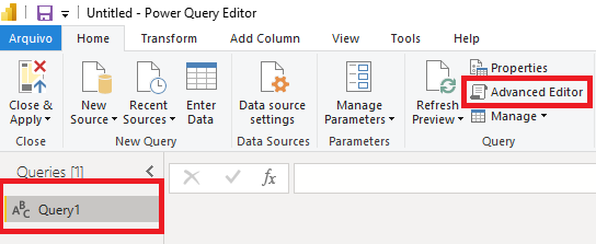 Power BI screen, home page, Advanced Editor function button
