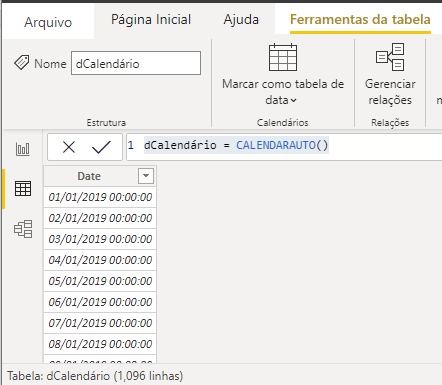 power bi mostrando o resultado da fórmula para pegar dcalendário utilizando a fórmula DAX CALENDARAUTO