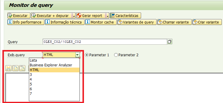 Transação RSRT (monitor de query) no SAP BW mostrando a lista de opções a serem escolhidas para Exib. Query