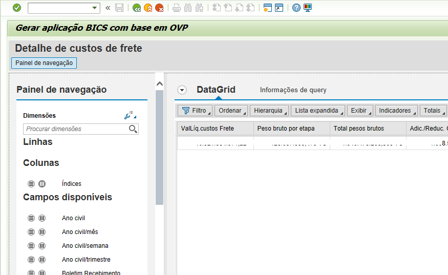 Resultado da exibição de monitor de query no SAP BW, mostrando a lista do Item 3, WD Grid