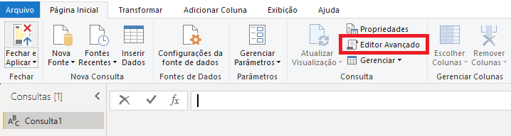 tela do Power BI, página inicial, botão da função Editor Avançado