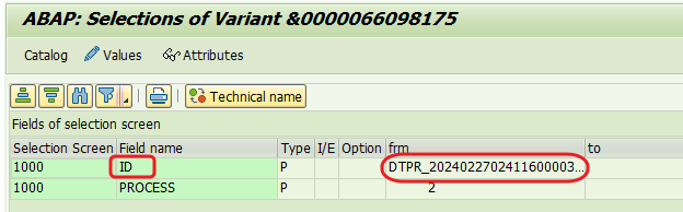Data Load Requisition Variant screen, highlighting the ID field that corresponds to the DTP load request ID, prefix DTPR