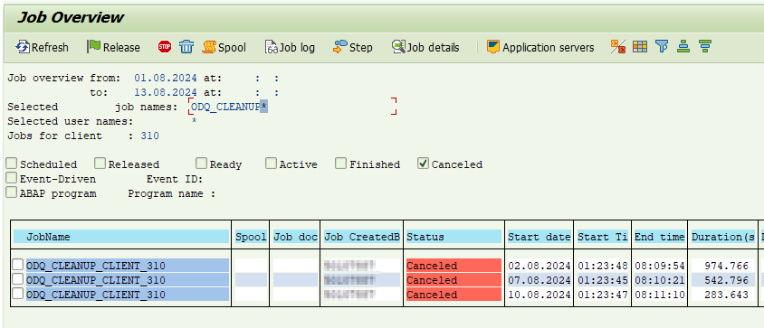 screen in SAP ECC, transaction SM37 (Job Overview) showing job ODQ_CLEANUP_CLIENT_310 running indefinitely until canceled