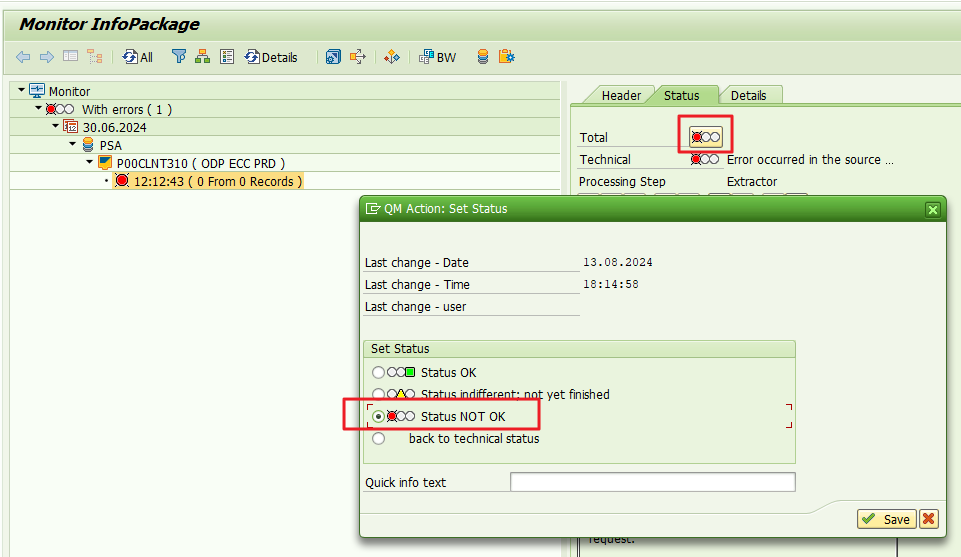 screen in SAP BW, in the load monitor (InfoPackage Monitor), teaching how to assign the Error status (red light) to the BW load