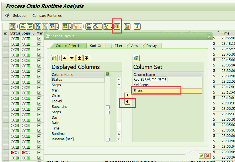 sap bw, st13, bw-tools, modifying the output layout, showing how to include the Errors column that was hidden in the table